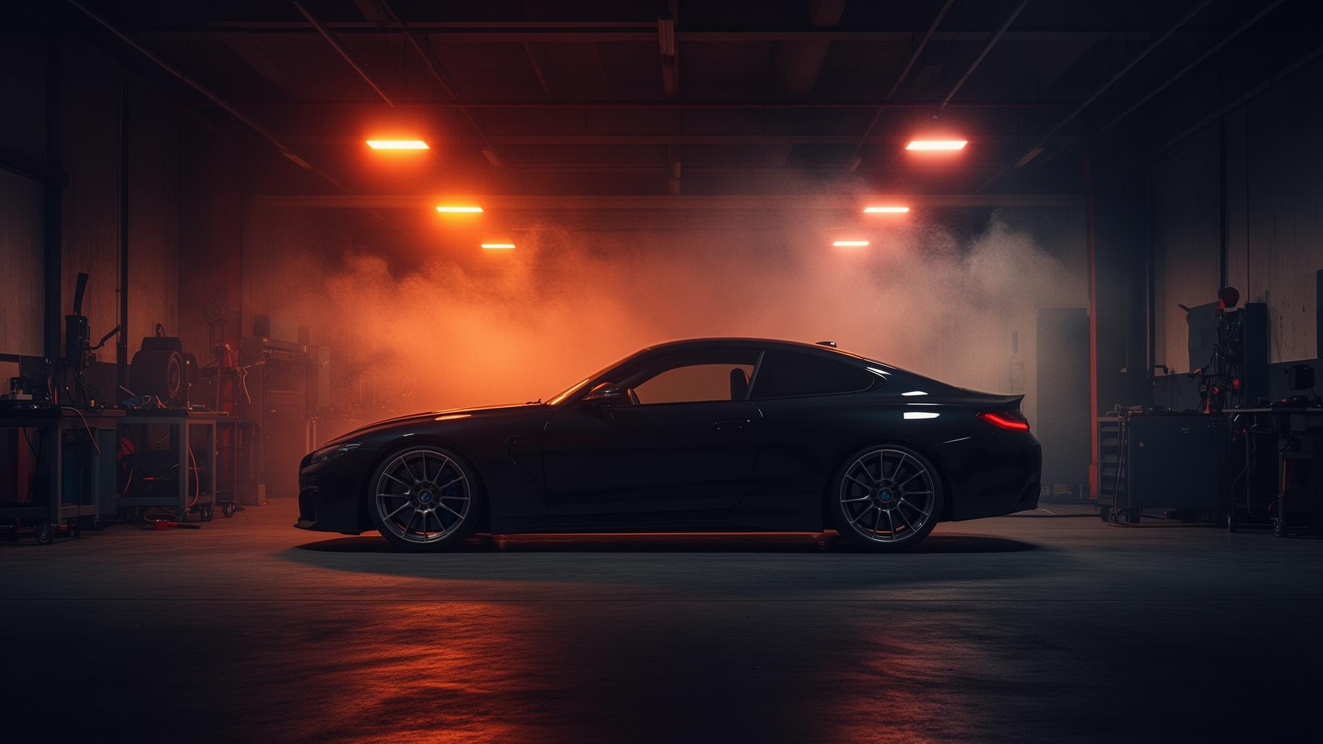 Performance car under workshop lighting